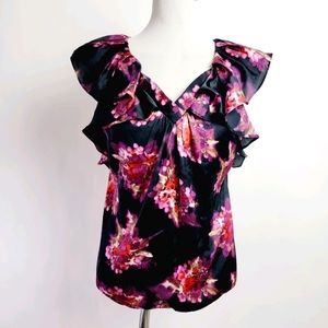 Ann Taylor LOFT Sleeveless Black Floral Print Ruffle Top